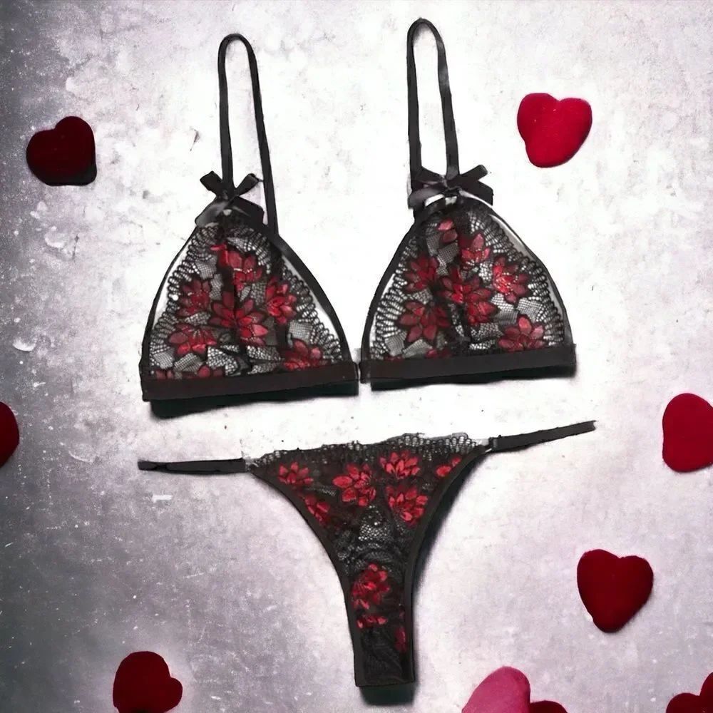 Bra & Panty Lingerie Set l Black Lace  Red Trim l S-L l New